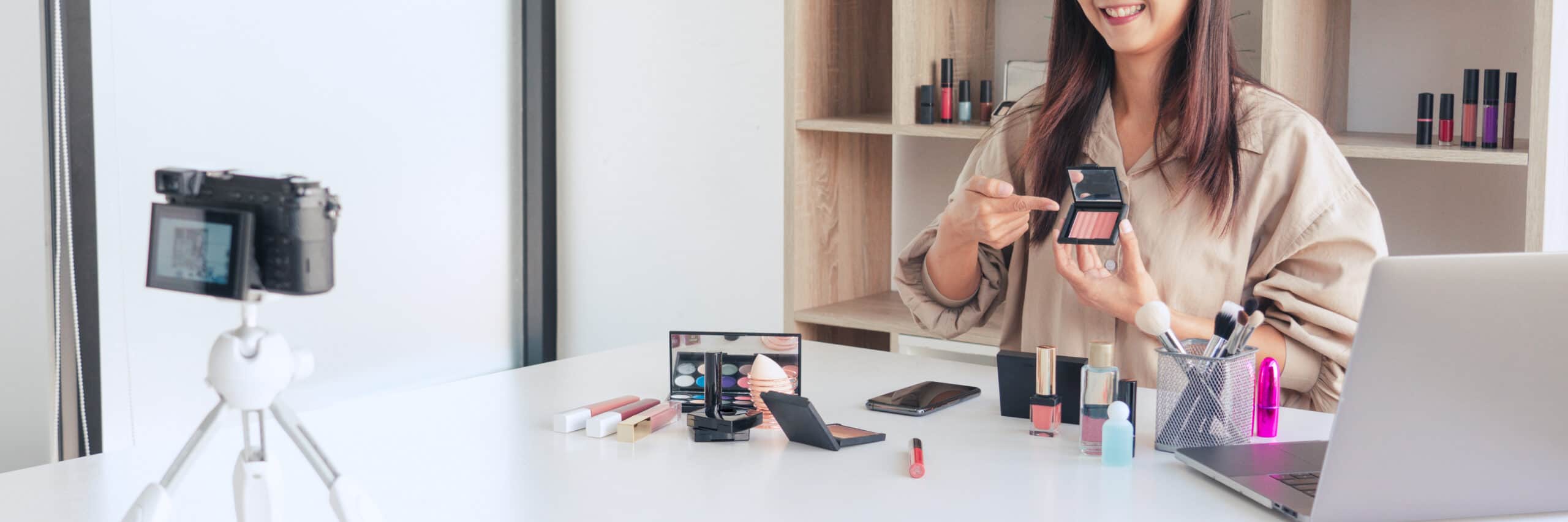 Makeup Beauty fashion blogger recording video presenting makeup